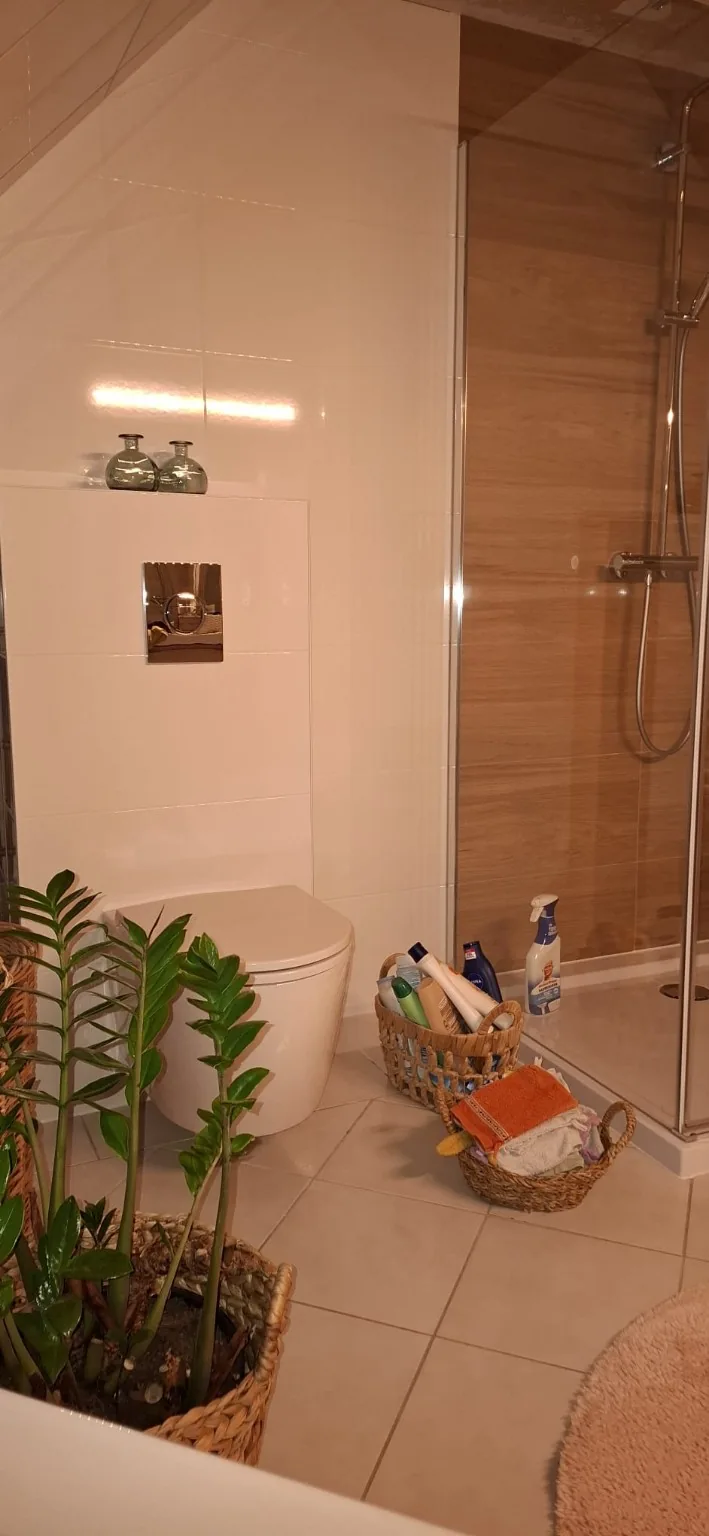 Fertige Badsanierung: WC und Glasduschkabine mit Holzoptik.